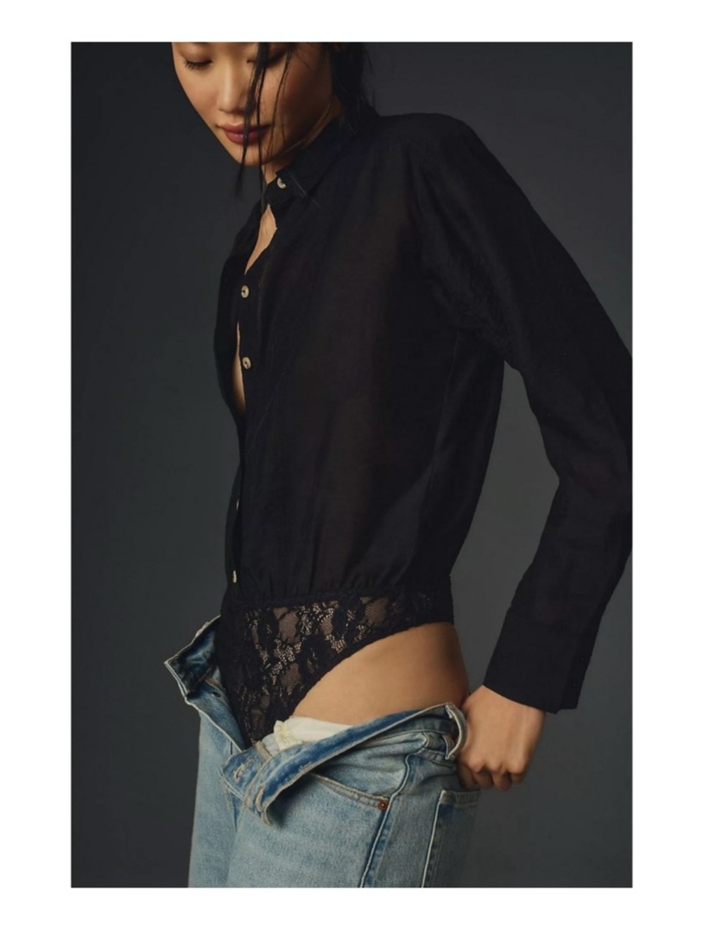 Anthropologie Pilcro Buttondown Blouse‎ Bodysuit in Black Size Large